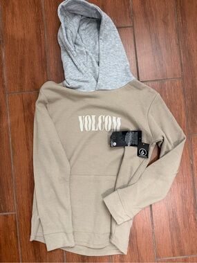 Youth Volcom Beige Waffle Knit Hooded Pullover with Gray Hood
